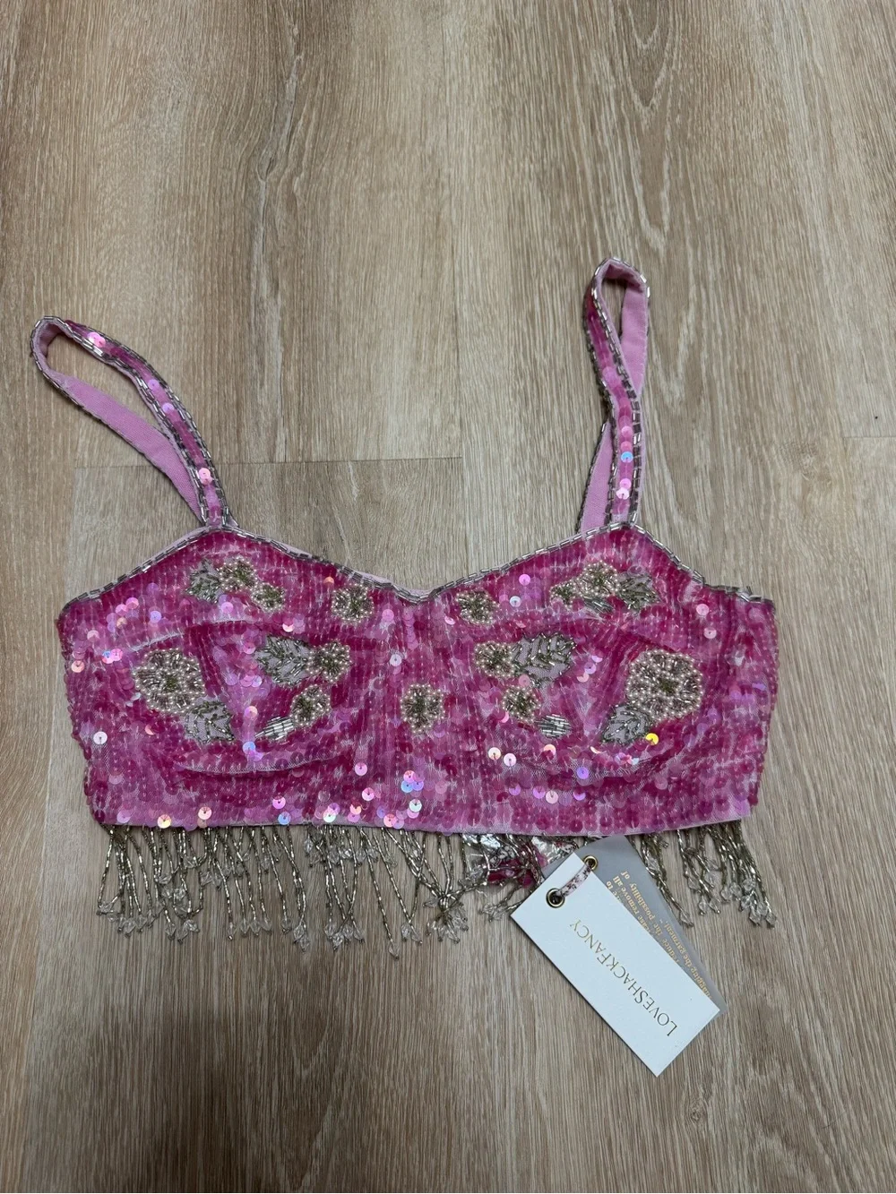 LoveShackFancy Pink Sequin Beaded Fringe Bralette